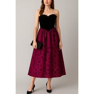 Vintage 80s Gunne Sax Jessica McClintock Strapless Prom Dress Magenta Black 5